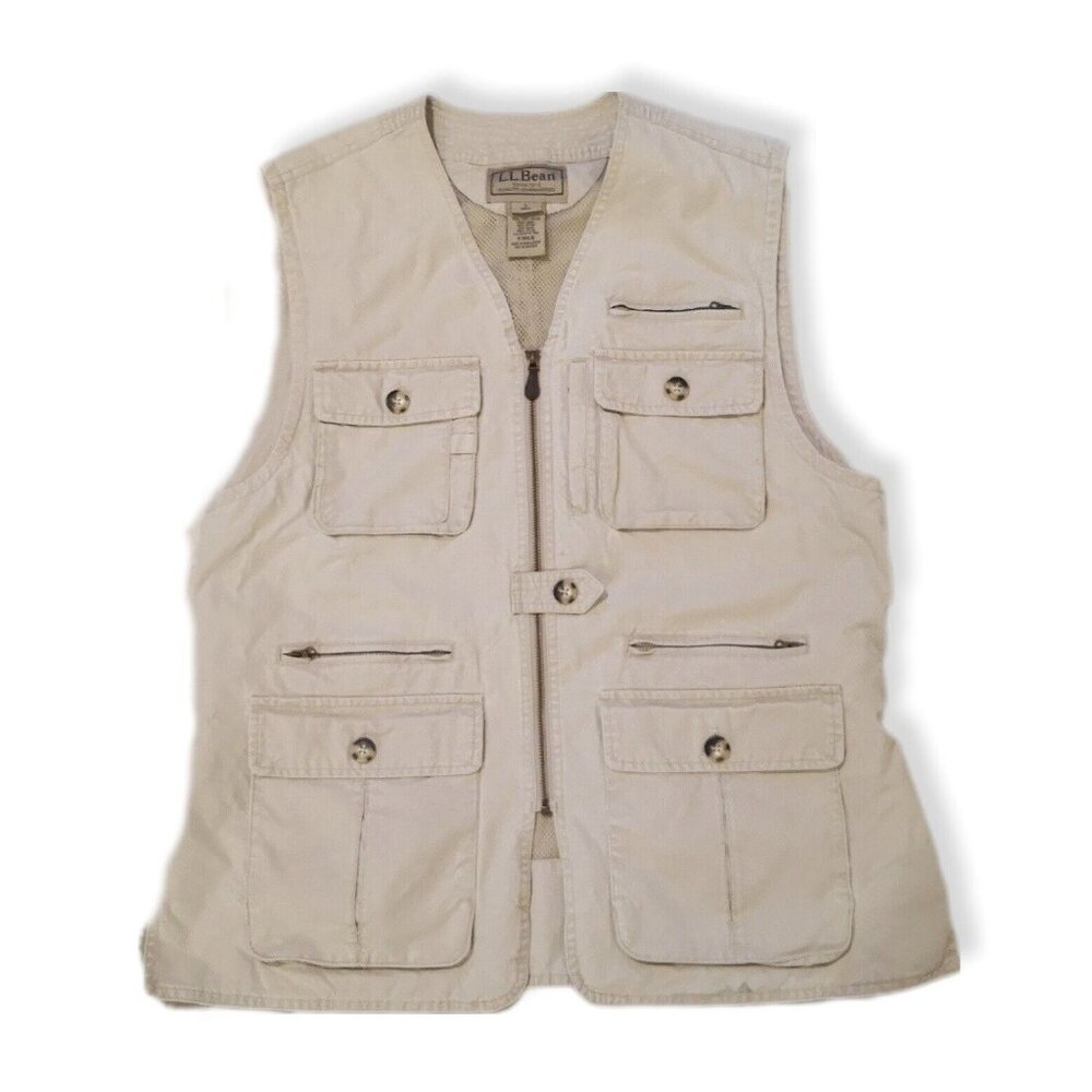 LL BEAN Vest Mens L Utility Safari Tactical Fishing Full Zip Canvas Cotton Tan